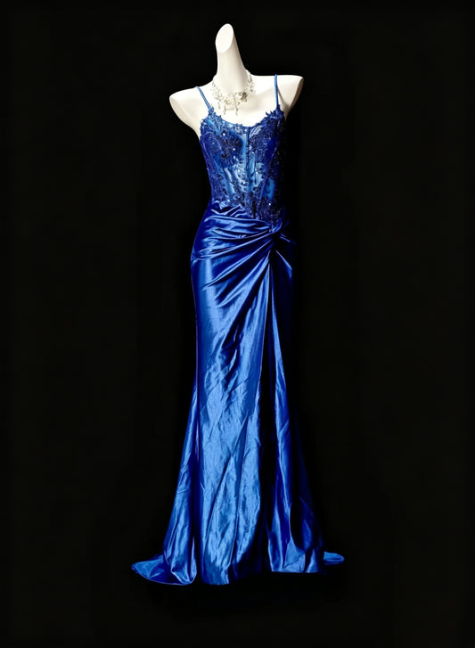 Charming Spaghetti Straps Blue Satin Appliques Mermaid Slit Evening Dress Long Wedding Guest Dress D3616