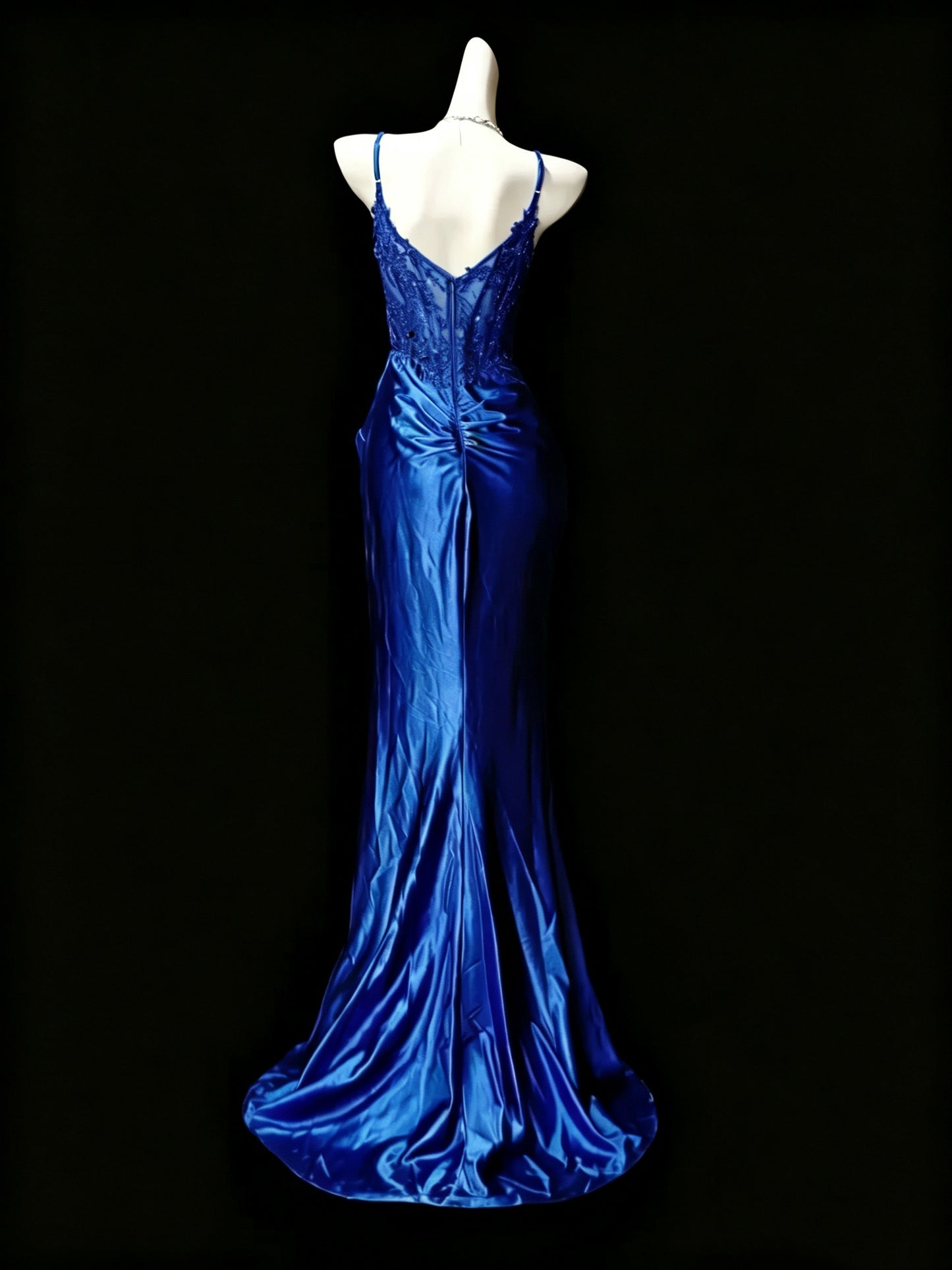 Charming Spaghetti Straps Blue Satin Appliques Mermaid Slit Evening Dress Long Wedding Guest Dress D3616