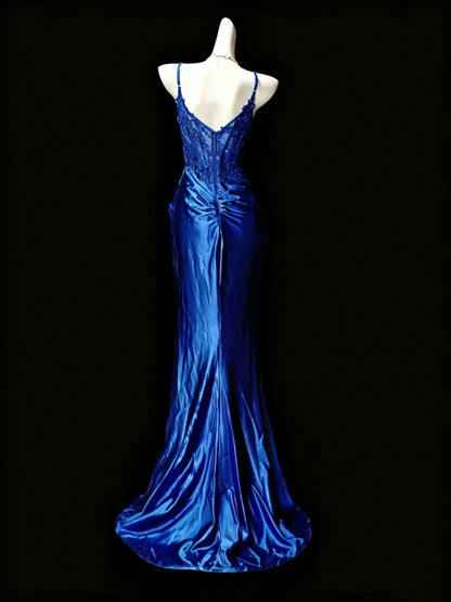 Charming Spaghetti Straps Blue Satin Appliques Mermaid Slit Evening Dress Long Wedding Guest Dress D3616