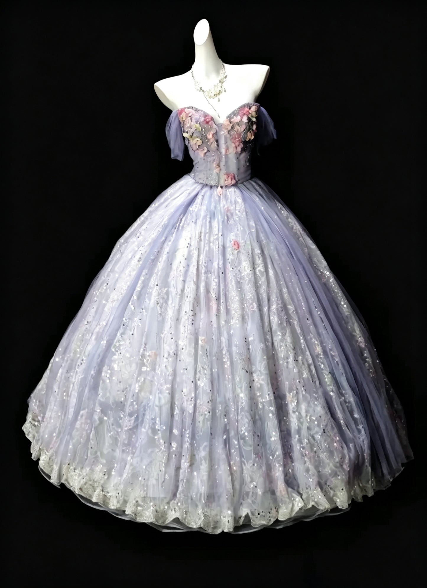 Pretty Purple Ball Gown Off The Shoulder Tulle Lace Sequin Quinceanera Dress D3624