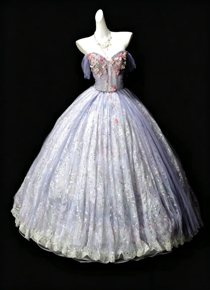 Pretty Purple Ball Gown Off The Shoulder Tulle Lace Sequin Quinceanera Dress D3624