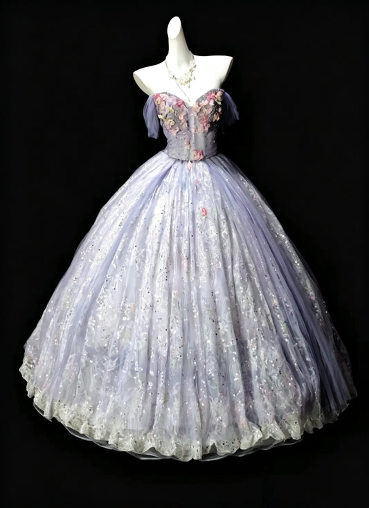 Pretty Purple Ball Gown Off The Shoulder Tulle Lace Sequin Quinceanera Dress D3624