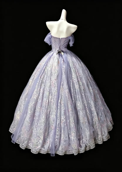 Pretty Purple Ball Gown Off The Shoulder Tulle Lace Sequin Quinceanera Dress D3624