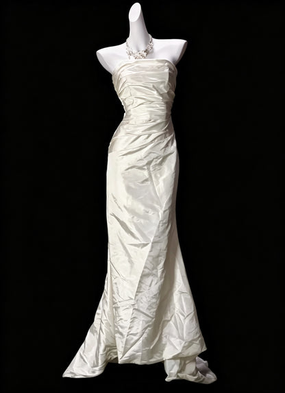 Elegant Ivory Strapless Satin Pleated Mermaid Long Evening Dress Prom Gown D3625