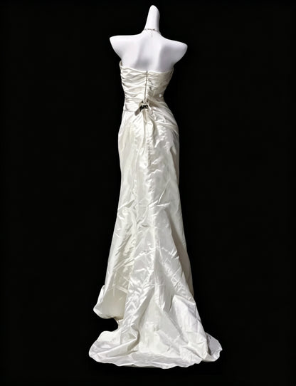 Elegant Ivory Strapless Satin Pleated Mermaid Long Evening Dress Prom Gown D3625