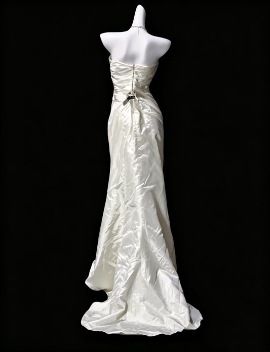 Elegant Ivory Strapless Satin Pleated Mermaid Long Evening Dress Prom Gown D3625