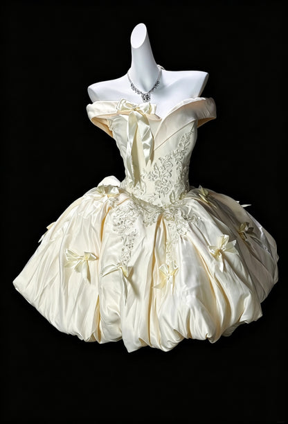 Sweet Pastel Yellow Satin Appliques Mini Homecoming Dress,Off The Shoulder Short 16th Birthday Outfits D3621