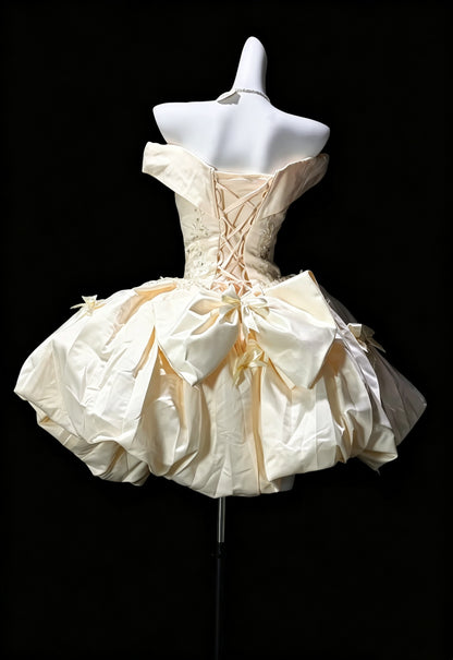 Sweet Pastel Yellow Satin Appliques Mini Homecoming Dress,Off The Shoulder Short 16th Birthday Outfits D3621