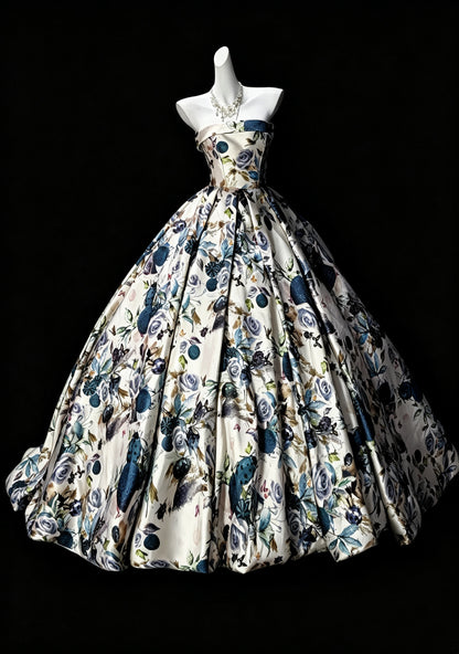 Vintage Print Floral Strapless Satin Quinceanera Dress Sweet 15 Dress D3627