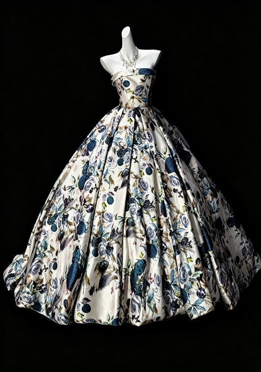 Vintage Print Floral Strapless Satin Quinceanera Dress Sweet 15 Dress D3627