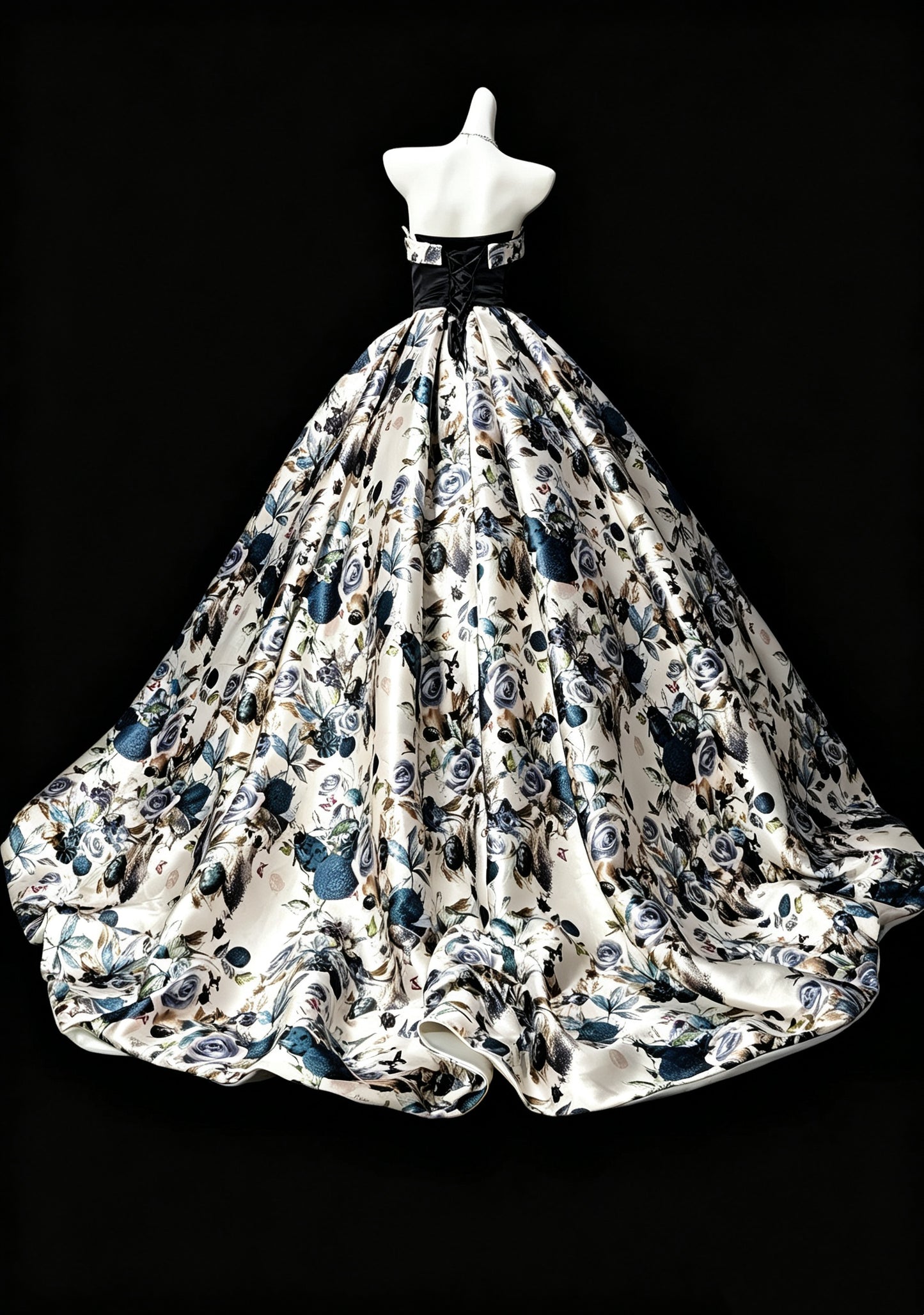 Vintage Print Floral Strapless Satin Quinceanera Dress Sweet 15 Dress D3627