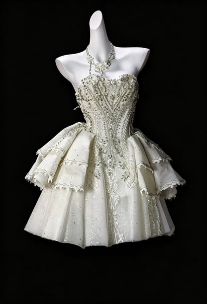 Gorgeous White Strapless Tulle Sequin Beaded A Line Short Birthday Dress Homecoming Dress D3630