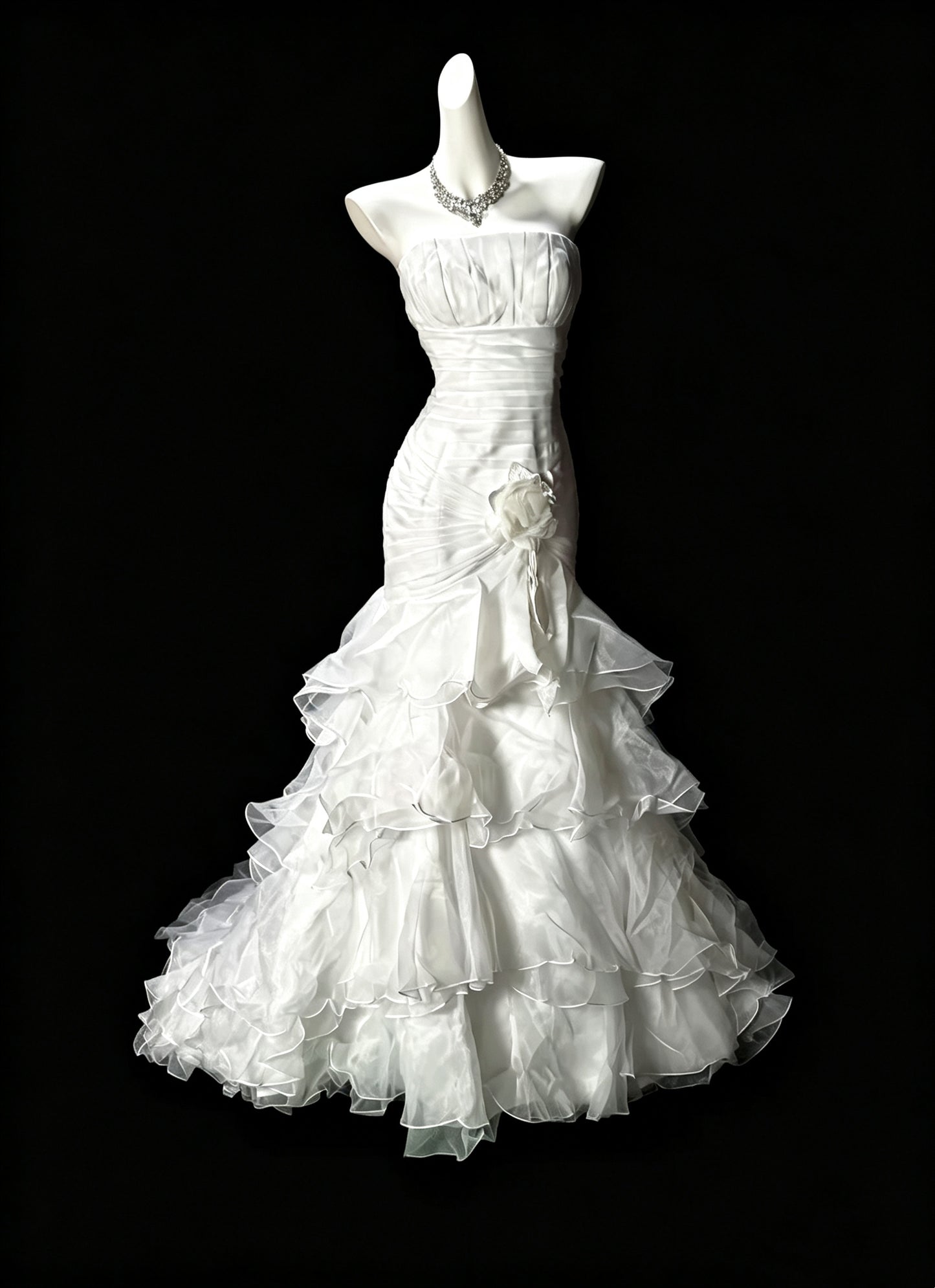 Classy Strapless Satin Tulle Pleated Layered Mermaid Evening Dress,White Long Party Dress D3631