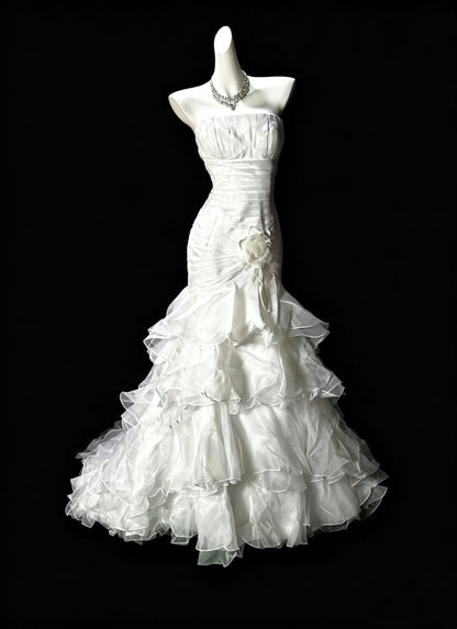 Classy Strapless Satin Tulle Pleated Layered Mermaid Evening Dress,White Long Party Dress D3631