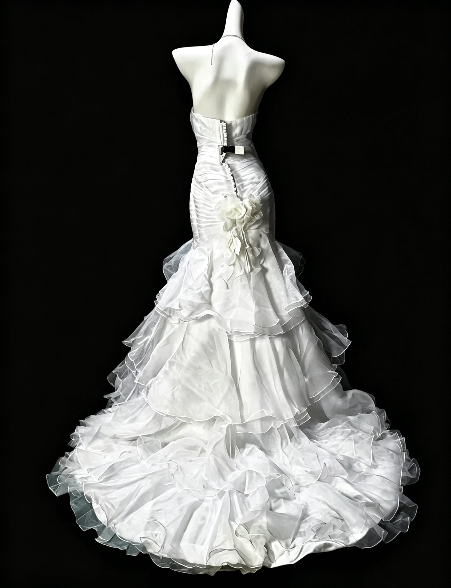 Classy Strapless Satin Tulle Pleated Layered Mermaid Evening Dress,White Long Party Dress D3631