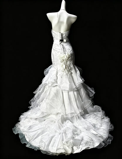 Classy Strapless Satin Tulle Pleated Layered Mermaid Evening Dress,White Long Party Dress D3631