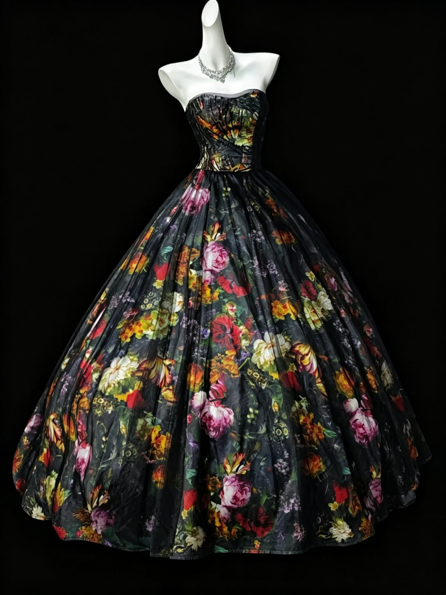 Unique Strapless Tulle Satin Print Floral Birthday Quinceanera Dress Sweet 17 Dress D3634