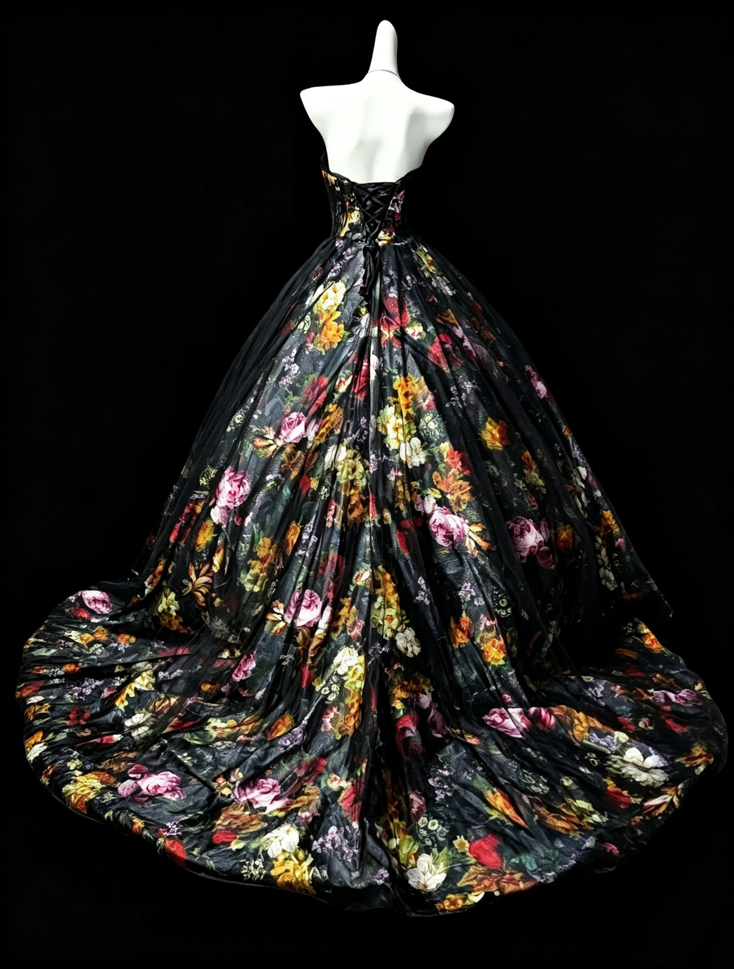 Unique Strapless Tulle Satin Print Floral Birthday Quinceanera Dress Sweet 17 Dress D3634