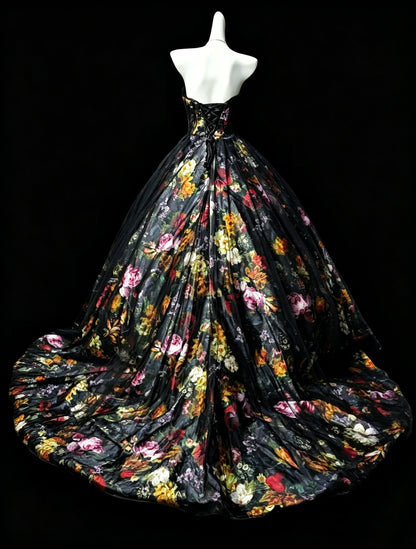 Unique Strapless Tulle Satin Print Floral Birthday Quinceanera Dress Sweet 17 Dress D3634