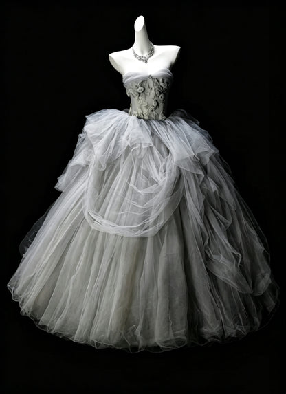 Classy Strapless Gray Tulle Appliques Sweet 16 Dress Formal Quinceanera Dress D3635