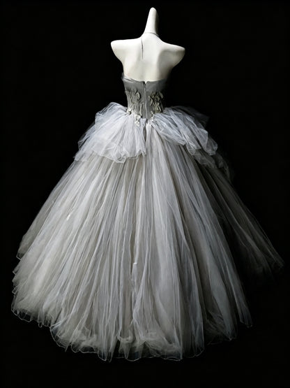 Classy Strapless Gray Tulle Appliques Sweet 16 Dress Formal Quinceanera Dress D3635