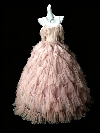 Charming Pink Ball Gown Off The Shoulder Tulle Ruffles Long Evening Dress D3633