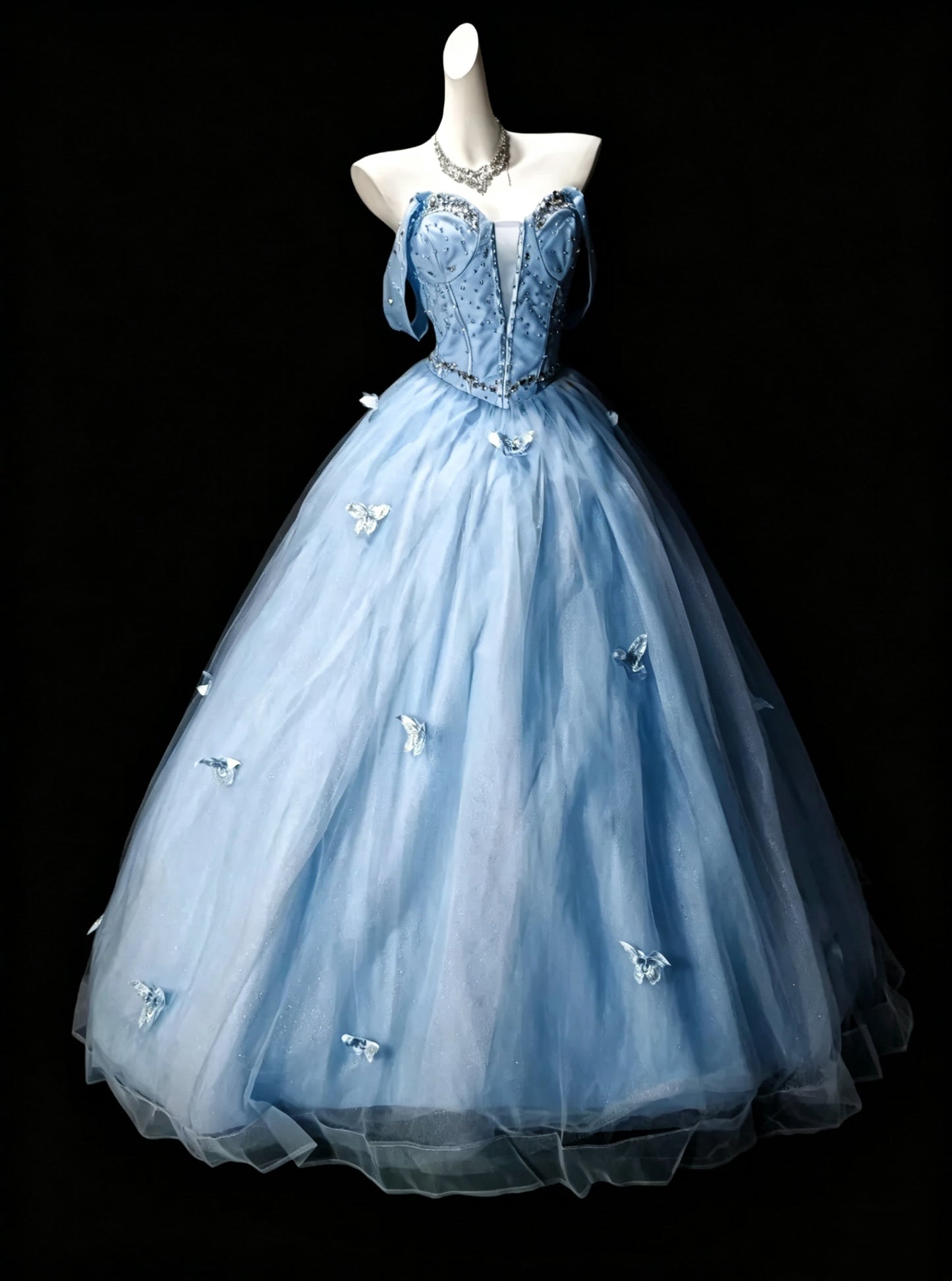 Fairy Blue Satin Tulle Sequin Appliques Beaded Sweet 15 Dress Off The Shoulder Quinceanera Dress D3640