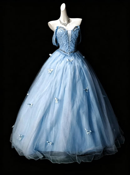 Fairy Blue Satin Tulle Sequin Appliques Beaded Sweet 15 Dress Off The Shoulder Quinceanera Dress D3640