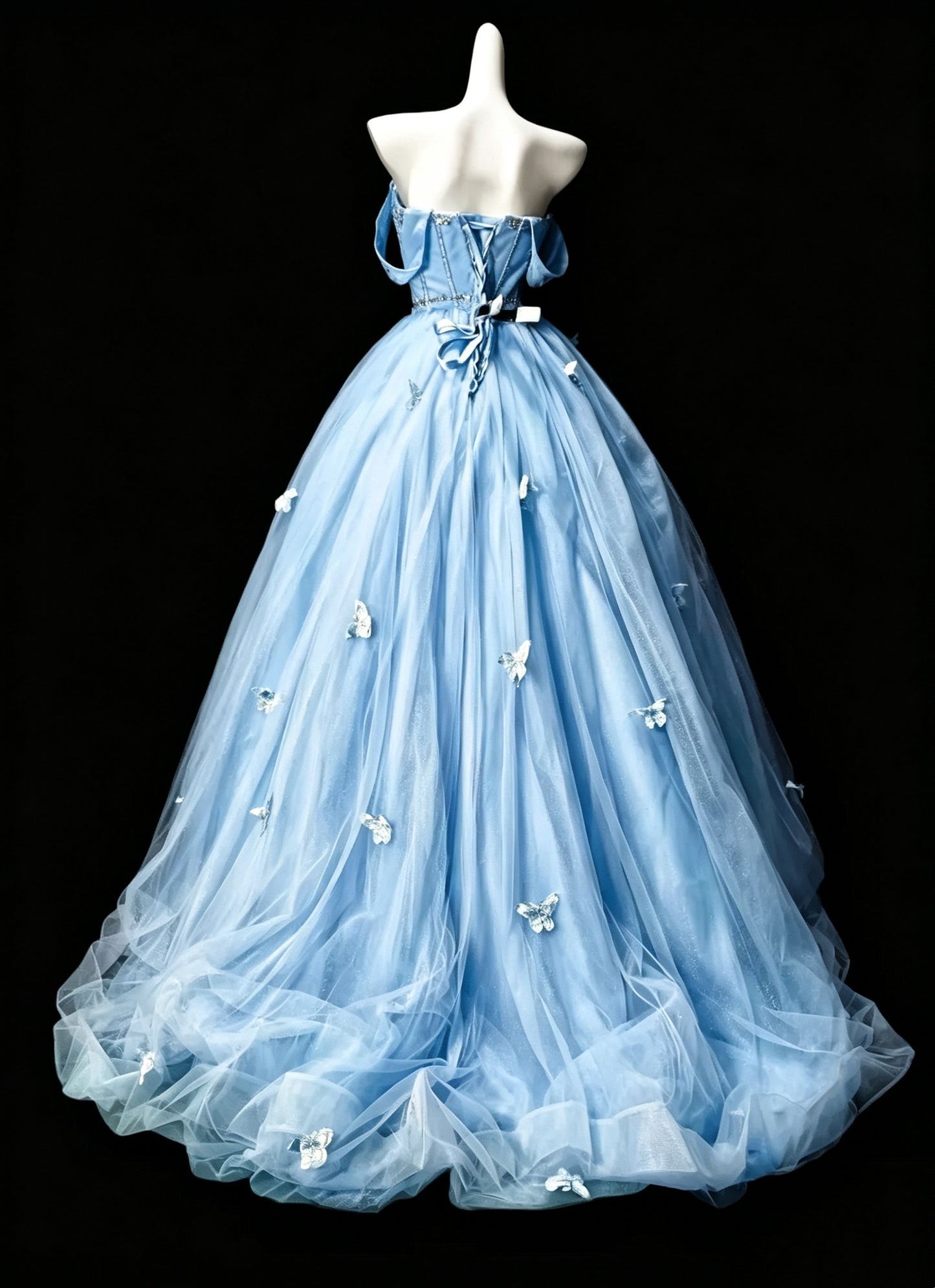 Fairy Blue Satin Tulle Sequin Appliques Beaded Sweet 15 Dress Off The Shoulder Quinceanera Dress D3640