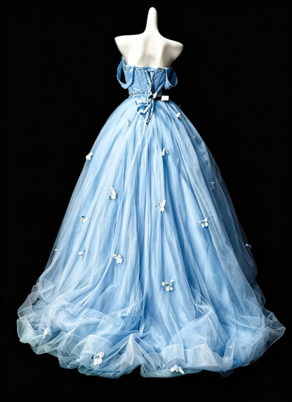 Fairy Blue Satin Tulle Sequin Appliques Beaded Sweet 15 Dress Off The Shoulder Quinceanera Dress D3640