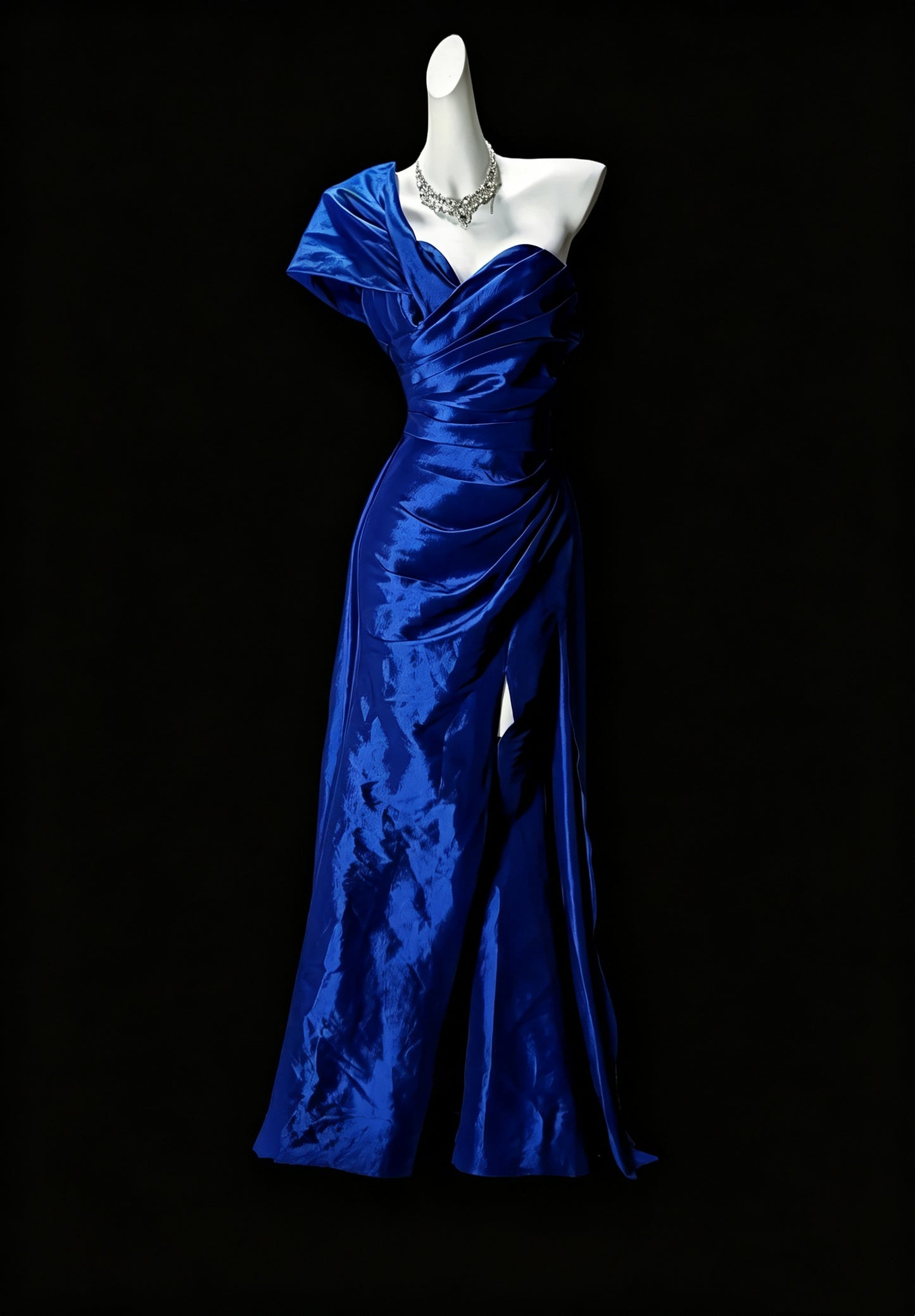 Fashion Blue Satin Pleated Slit Mermaid Evening Dress,One Shoulder Long Wedding Guest Dress D3636