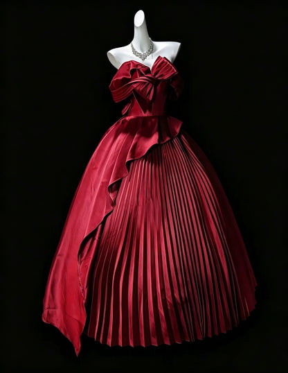 Pretty Burgundy Quinceanera Dress Bow Strapless Satin Pleated Sweet 16 Dress D3638