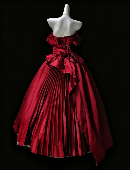 Pretty Burgundy Quinceanera Dress Bow Strapless Satin Pleated Sweet 16 Dress D3638