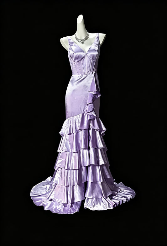 Glamorous Purple V Neck Satin Ruffles Mermaid Long Party Dress Evening Dress D3637