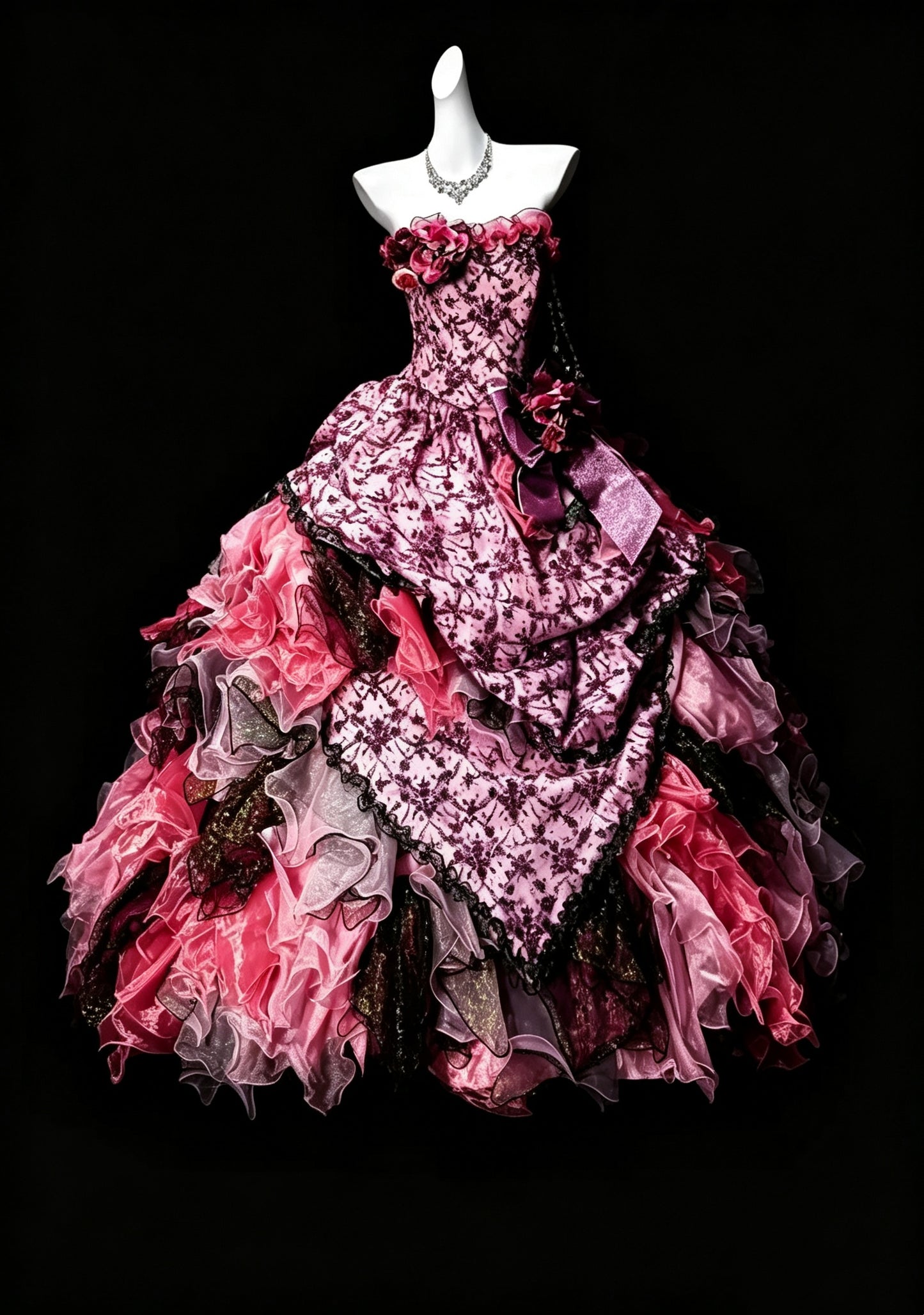Unique Strapless Satin Lace Tulle Ruffles Quinceanera Dress Formal Sweet 16 Dress D3641