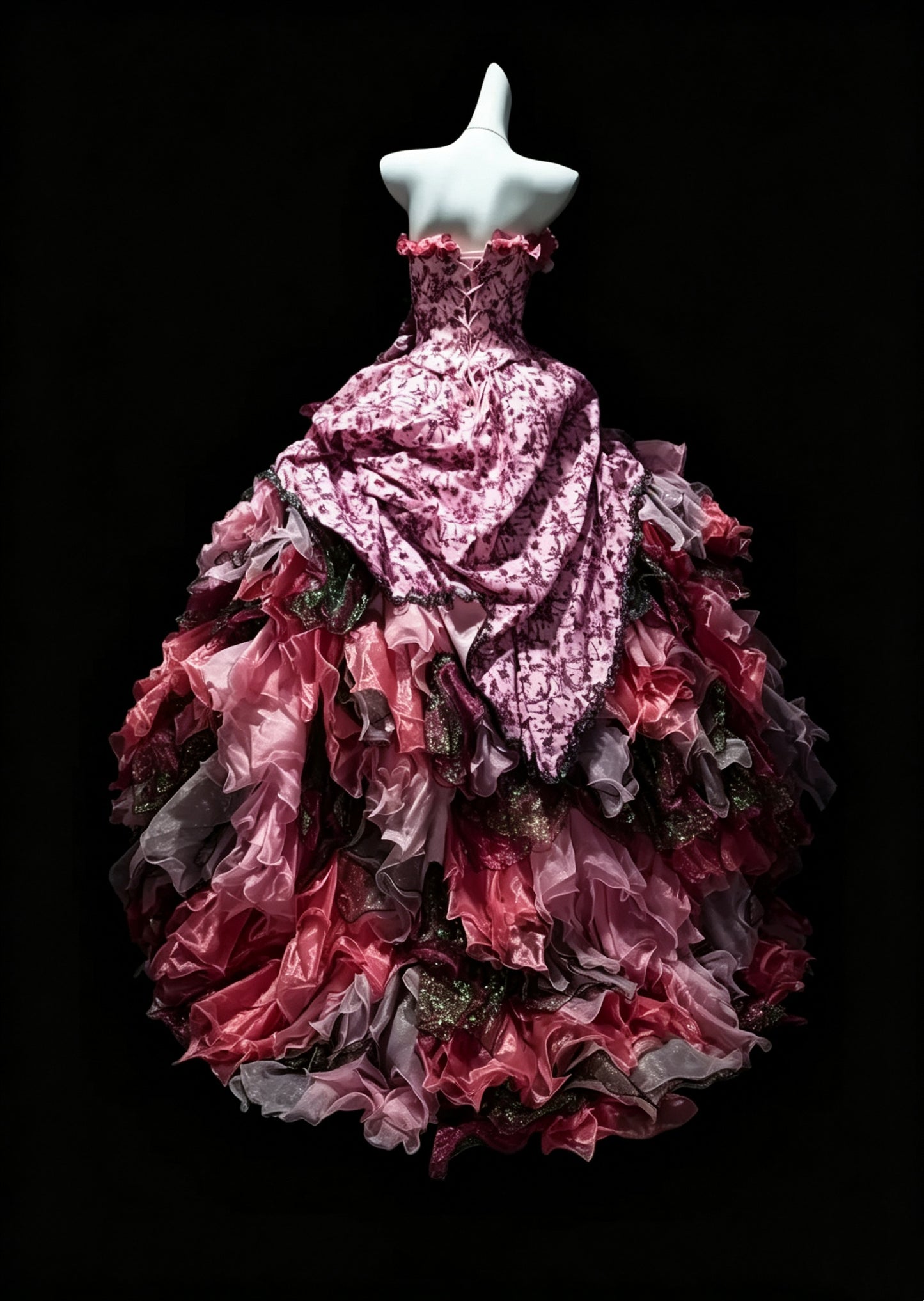 Unique Strapless Satin Lace Tulle Ruffles Quinceanera Dress Formal Sweet 16 Dress D3641