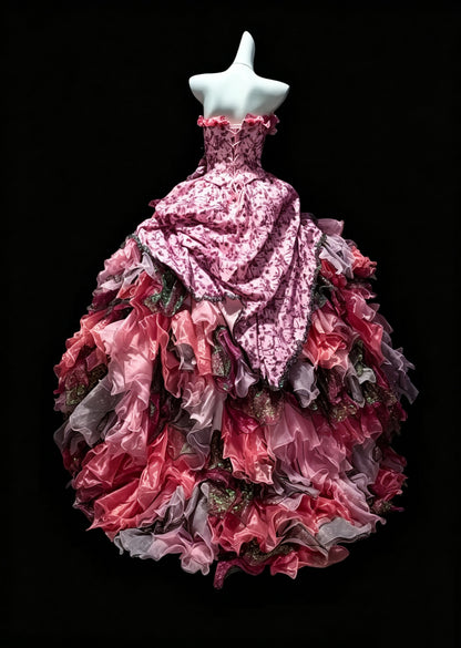 Unique Strapless Satin Lace Tulle Ruffles Quinceanera Dress Formal Sweet 16 Dress D3641