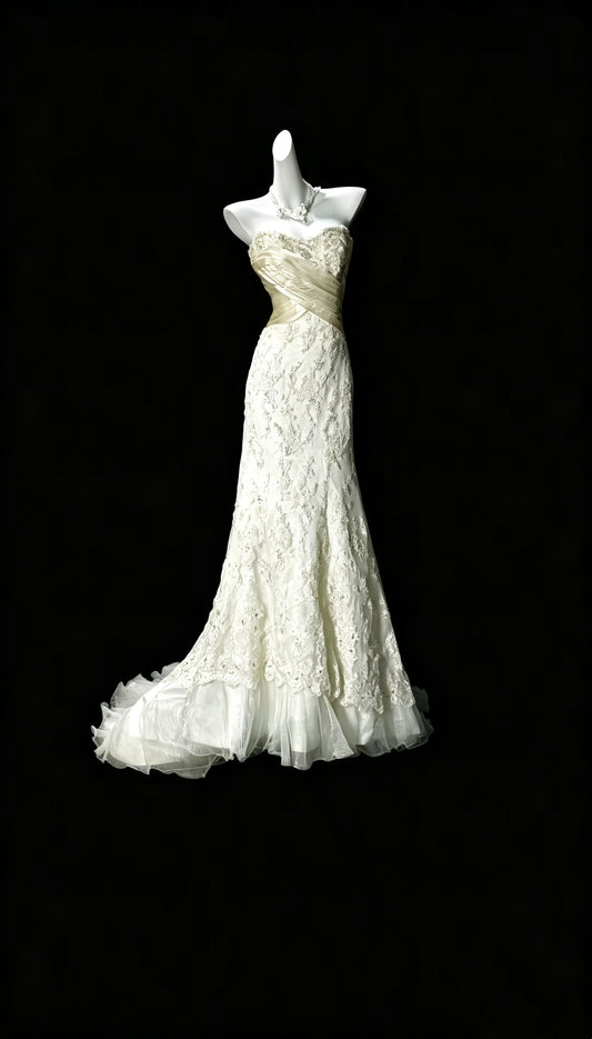 Elegant Sweetheart Neck Off White Tulle Lace Mermaid Long Evening Dress Prom Gown D3643
