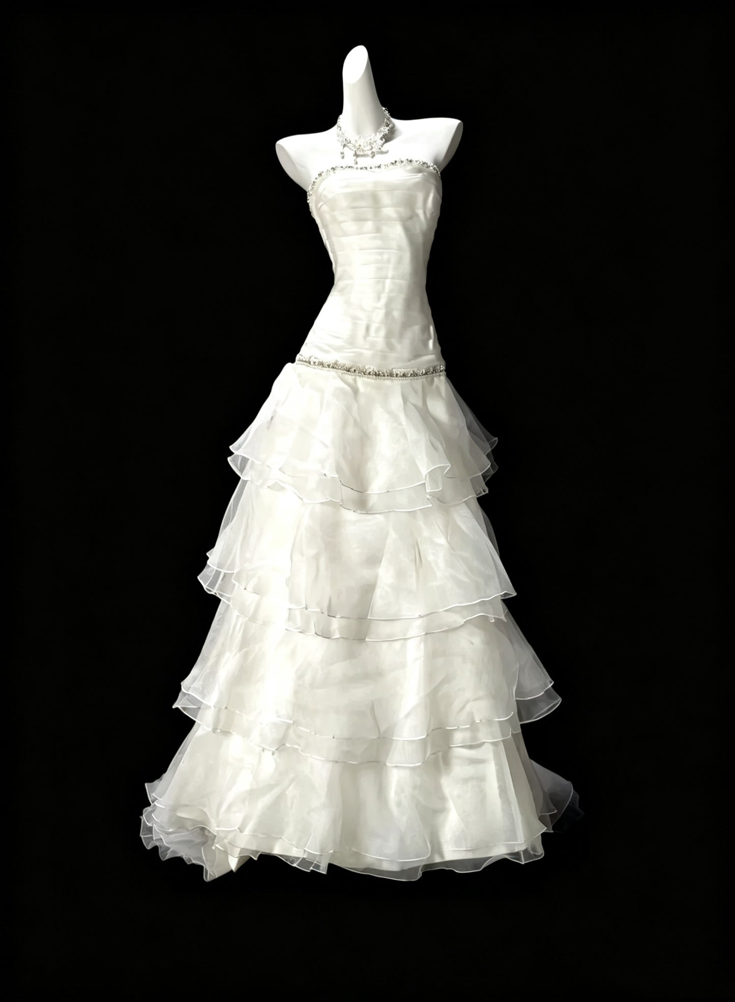 Classy White Strapless Beaded Tulle Ruffles Mermaid Evening Dress Long Wedding Guest Dress D3644