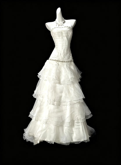 Classy White Strapless Beaded Tulle Ruffles Mermaid Evening Dress Long Wedding Guest Dress D3644