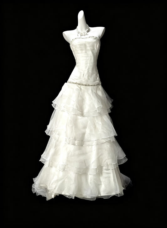 Classy White Strapless Beaded Tulle Ruffles Mermaid Evening Dress Long Wedding Guest Dress D3644