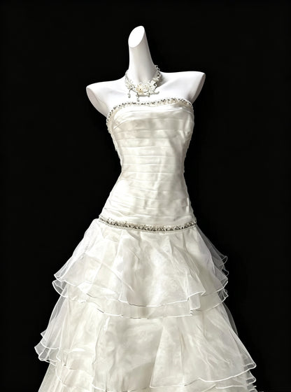 Classy White Strapless Beaded Tulle Ruffles Mermaid Evening Dress Long Wedding Guest Dress D3644
