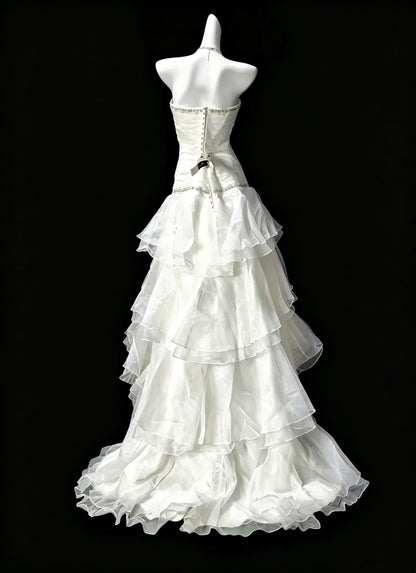 Classy White Strapless Beaded Tulle Ruffles Mermaid Evening Dress Long Wedding Guest Dress D3644