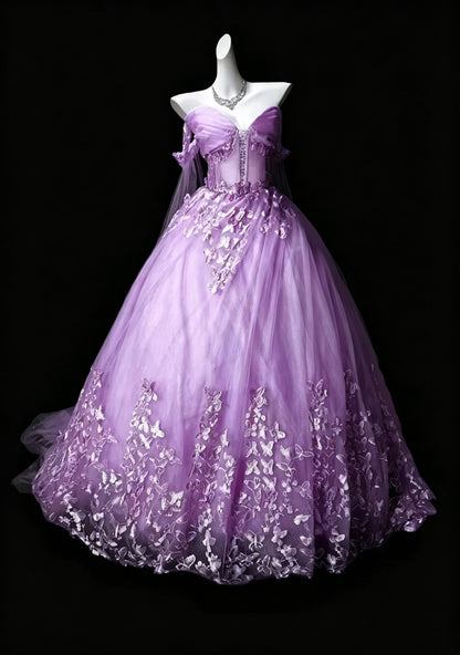 Elegant Lavender Ball Gown Off The Shoulder Tulle Appliques Quinceanera Dress D3642