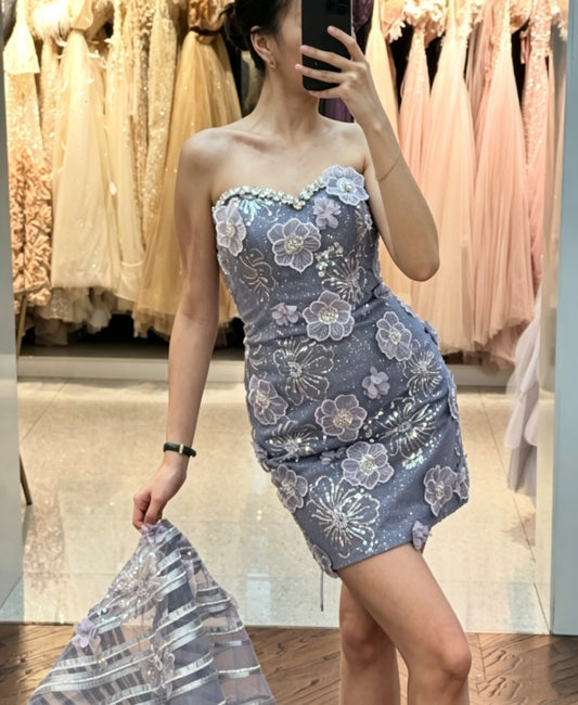 Charming Haze Purple Strapless Sequin Beaded Sheath Short Graduation Homecoming Dress,Mini Party Dress With 3D Floral D3615