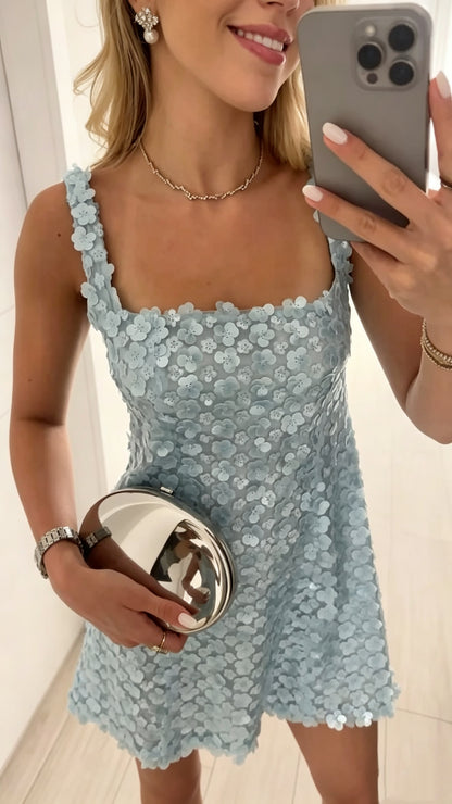 Classy Spaghetti Straps Satin Sequin Floral Short 19th Birthday Outfits,Light Blue Short Homecoming Dress D3614