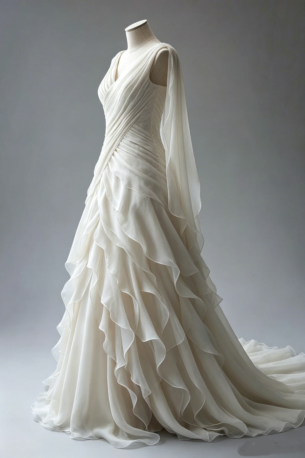 Princess Ball Gown V Neckline Pleats White Chiffon Wedding Dresses SD1741