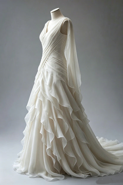 Princess Ball Gown V Neckline Pleats White Chiffon Wedding Dresses SD1741