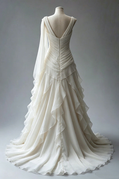 Princess Ball Gown V Neckline Pleats White Chiffon Wedding Dresses SD1741