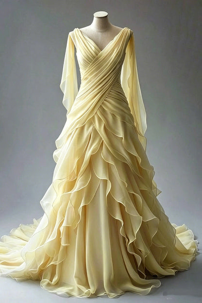 Princess Ball Gown V Neckline Pleats White Chiffon Wedding Dresses SD1741